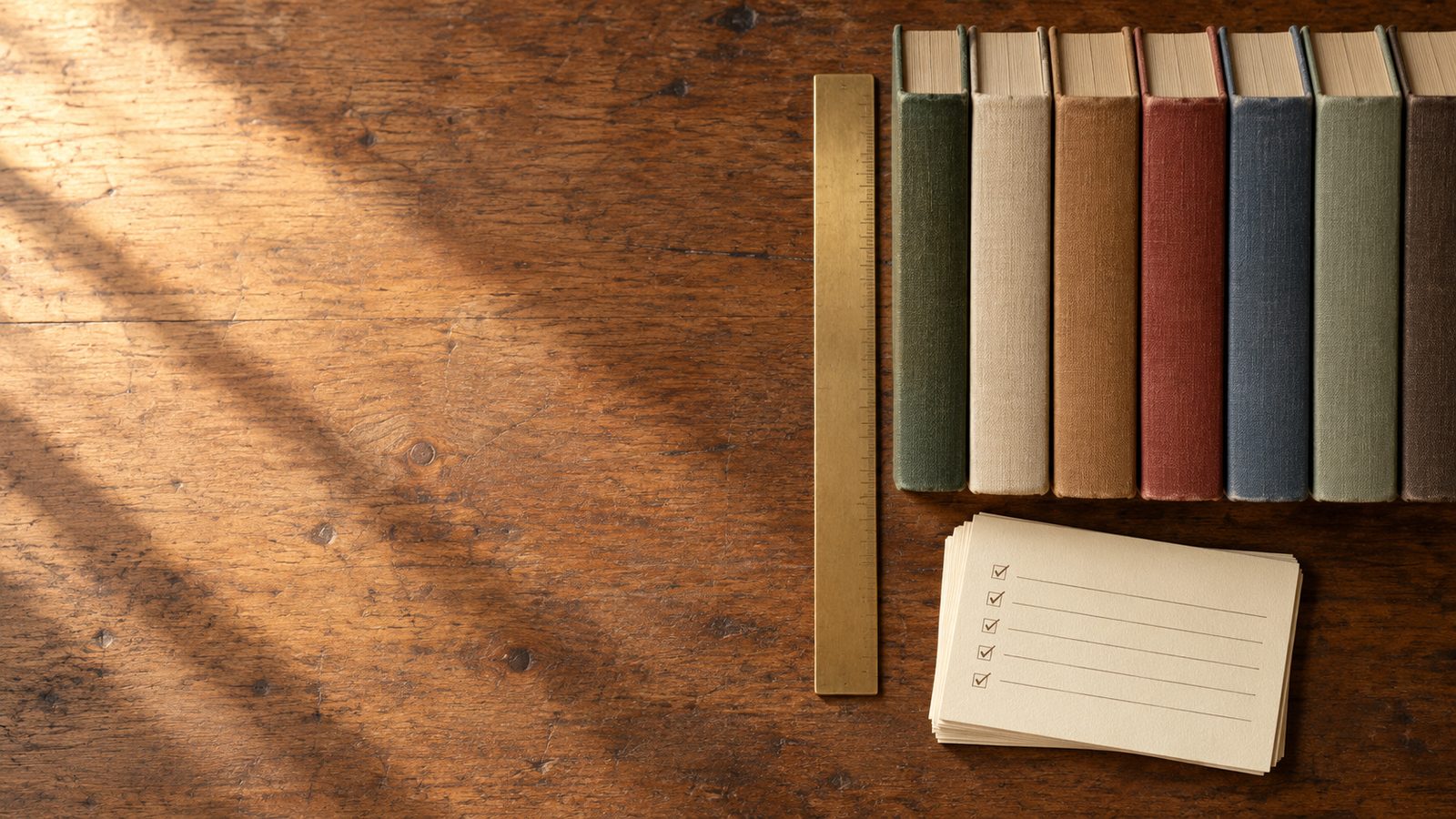 Books with unlabelled spines aligned by a brass ruler beside index cards.